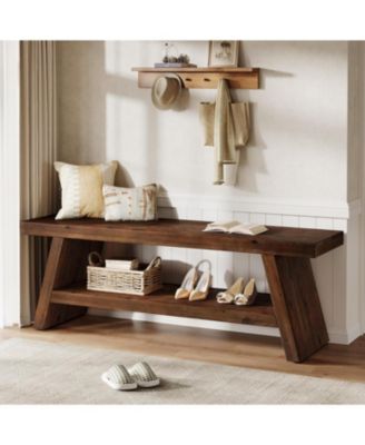 2-Tier Solid Wood Entryway Bench, Hallway Foyer Seating with Open Shelves, Wooden Shoe Bench Indoor