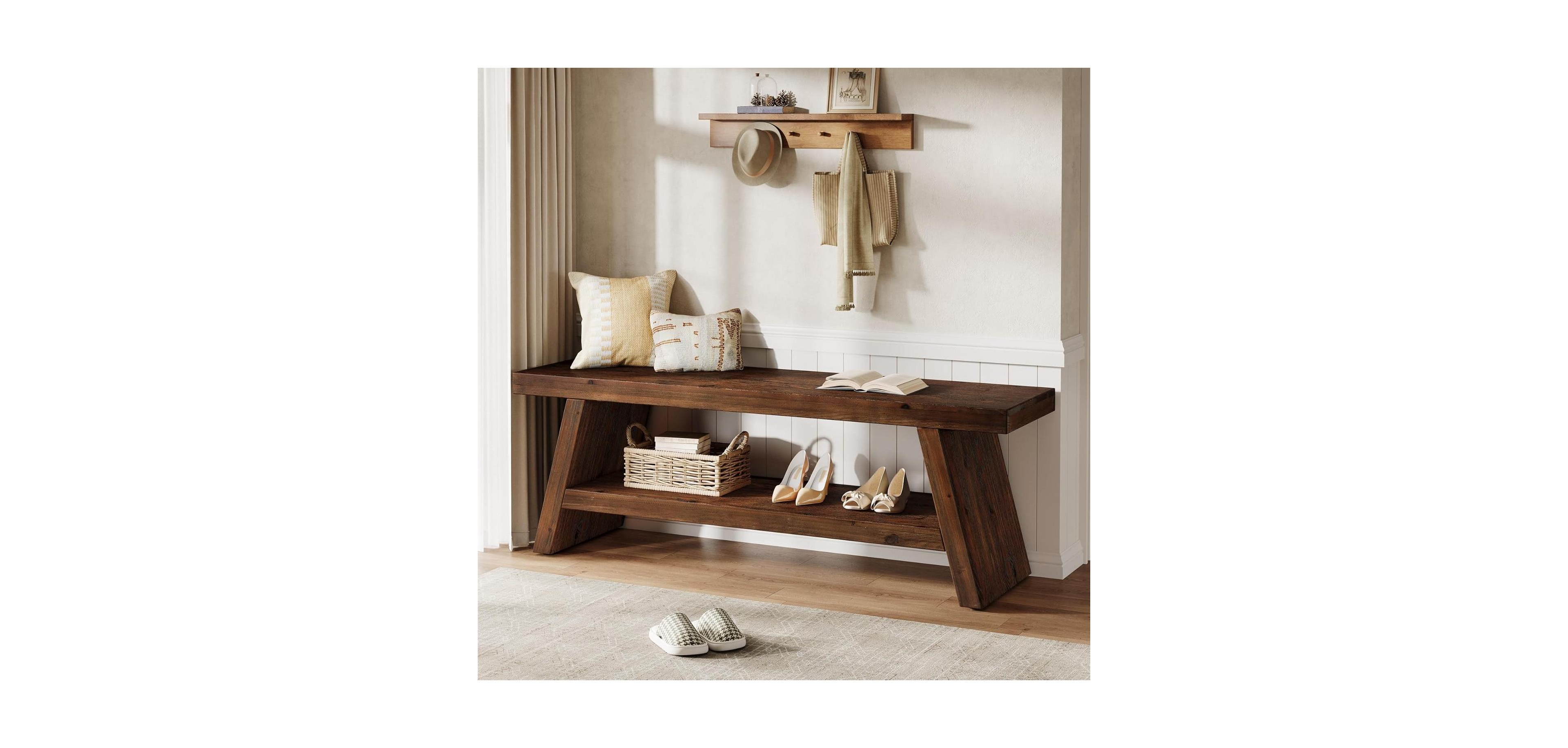 Tribesigns 2-Tier Solid Wood Entryway Bench, Hallway Foyer Seating with Open Shelves, Wooden Shoe Bench Indoor