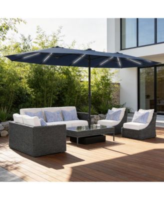 15 ft. Double Sided Umbrella Outdoor Patio Umbrella with 12 LED Solar Strips, Base and Sand Bag