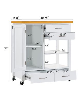 Kitchen Island Cart, Portable Bar Rolling Storage Cabinet on Wheels with Open Shelving, Drawers, and a Glass-Door for Kitchen