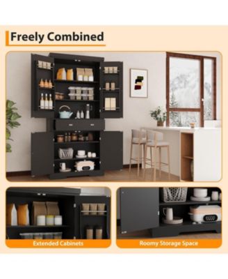 72" Kitchen Pantry Cabinet with Drawer, Doors and Shelves, Wood Farmhouse Storage Cabinet, Large Storage Cupboard for Living Room