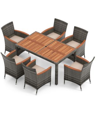 7 PCS Patio Wicker Dining Set w/ Acacia Wood Table and 6 Armchairs