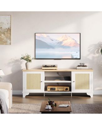 Rattan TV Stand Fits TVs up to 65 inches, Entertainment Center with Cabinets and Open Shelves