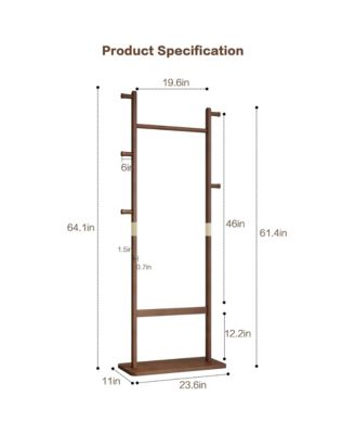 Tree Stand Coat Rack, Freestanding Wood Clothes Rack with 2 Hanging Bars, 5 Hooks and Shoe Storage for Entryway, Living Room