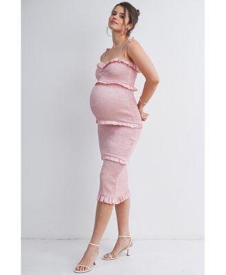 Women's Maternity Smocked Bodycon Midi Dress with Ruffle Trim and Tie Straps