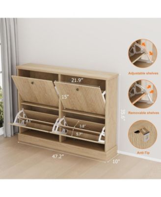 Shoe Cabinet with 4 Flip Drawers Freestanding Cabinet with Adjustable Shelves and Thicken Top Fluted Design Wooden Narrow Shoe Organizer