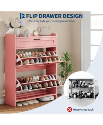 Shoe Cabinet with 2 Flip Drawers & 1 Top Drawer, Wooden Shoe Organizer Cabinet with Adjustable Shelf, Freestanding Shoe Storage Cabinets