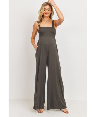 Maternity Sleeveless Smocked Bodice Wide-Leg Jumpsuit with Pockets