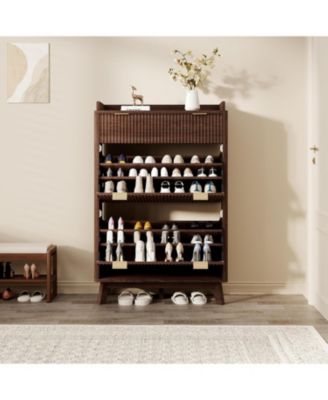 Fluted Wood Shoe Storage Cabinet for Entryway with 2 Flip Drawers and Adjustable Shelves 48 inch Tall Freestanding Hidden Narrow Shoe Rack