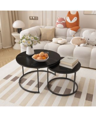 Nesting Coffee Table Set of 2, 27.6" Round Center Table, Wood Marble Pattern Top with Sturdy Metal Frame for Living Room