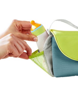Baby Doll Diaper Bag with Soft Bottle & Reusable Cloth Doll Diapers, Folds into Changing Mat, Toddler Pretend Play Accessories for Ages 18 Mo+