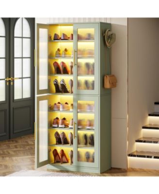 8-Tier Tall Shoe Storage with Acrylic Doors and LED Lights Set of 2, Organizer Rack with Adjustable Shelves and Hanging Hooks