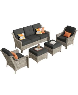 5 Piece Outdoor Patio Furniture Set,Wicker Conversation Set with Comfy Deep Sofa,Wide Armrest Chairs with Ottoman for Outside Porch Balcony