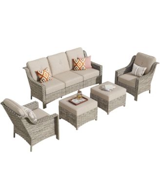 5 Piece Outdoor Patio Furniture Set,Wicker Conversation Set with Comfy Deep Sofa,Wide Armrest Chairs with Ottoman for Outside Porch Balcony