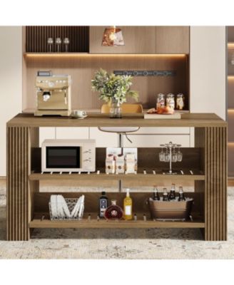 3-Tier Farmhouse Kitchen Island with Storage, 59'' Wooden Stationary Island Table with Open Shelves & Large Worktop & Leg Room