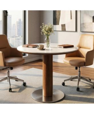 31.5-Inch Round Conference Table for 2-4 People, Modern Small Meeting Room Table with Sintered Stone Tabletop and Stainless Steel Base