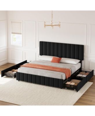 Linen Upholstered Platform Bed Frame 4 Storage Drawers Adjustable Headboard No Box Spring Wooden Slats Support