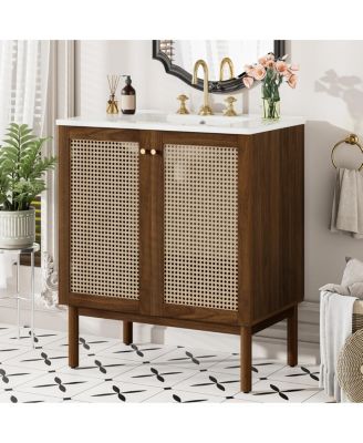 30'' Modern Bathroom Vanity with Ceramic Sink, Bamboo & MDF, Soft Close Rattan Doors, Freestanding Storage Cabinet for Small Spaces