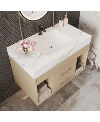 29.9" Floating Bathroom Vanity with Ceramic Sink, Sintered Stone Top, 2 Soft Close Drawers, Wall Mounted for Small Bathrooms