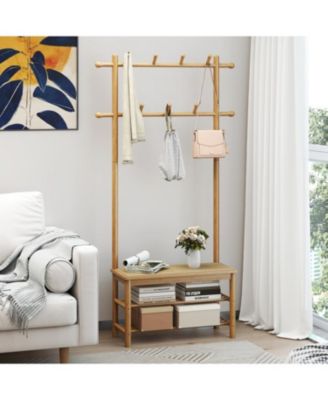 PE Rattan Hall Tree Coat Rack with Bench and Shoe Storage