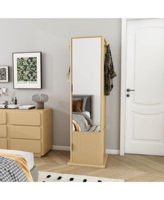 360° Rotating Makeup & Jewelry Storage Cabinet - Standing Organizer with Coat Rack, Full-Length Mirror and Open & Hidden Shelves for Bedroom