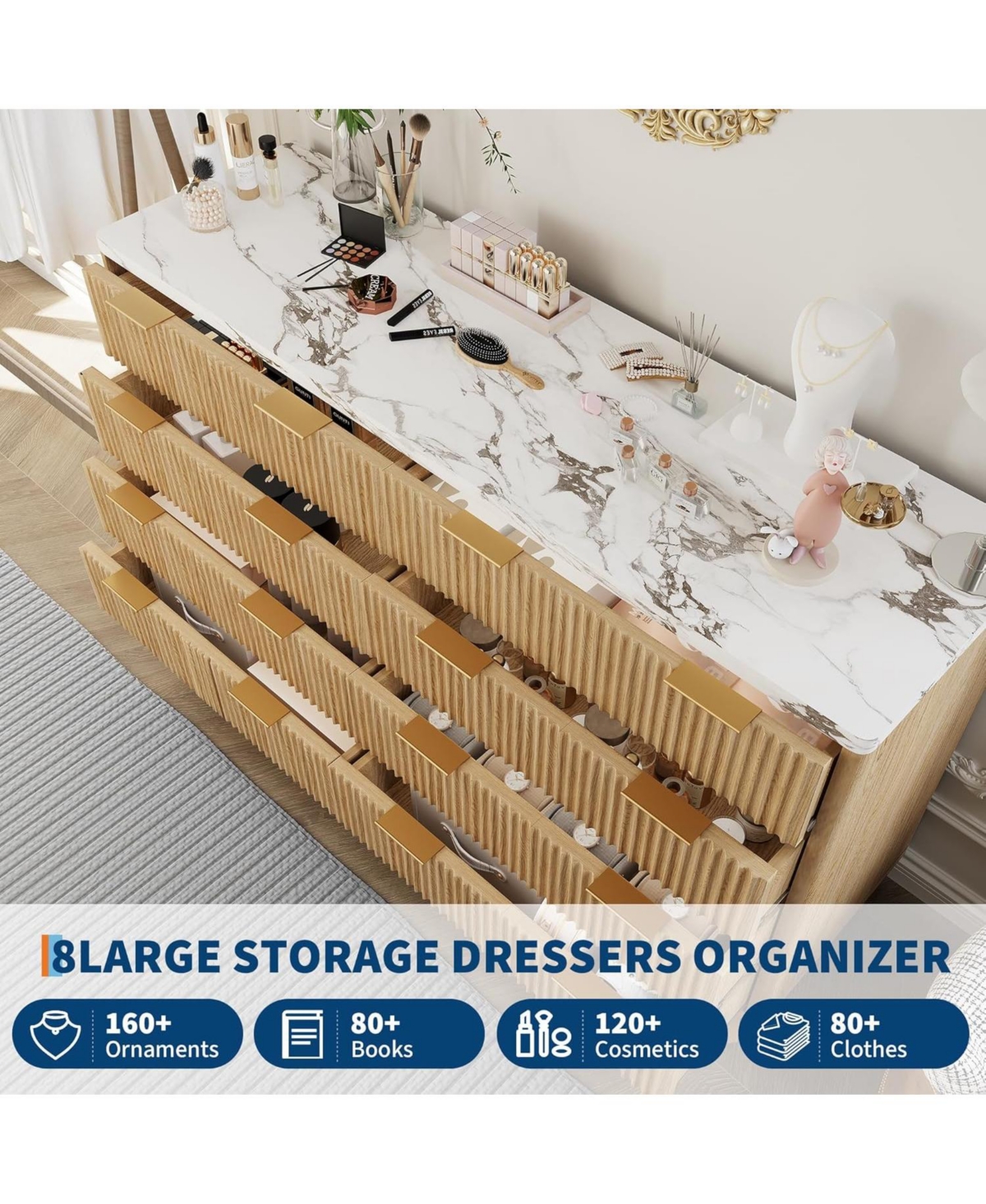 gaomon 8 Drawer Curved Wood Dresser with Handles, Closet Storage Cabinet & Tv Stand for Bedroom, Hallway