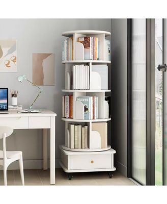 5 Tier Rotating Bookshelf with Drawers On Wheel, 360° Display Spinning Corner Bookcase, Wooden Storage Rack for Study Room