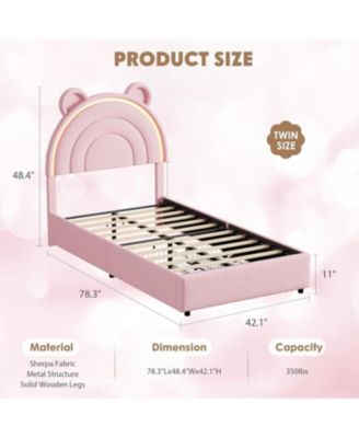 Velvet Upholstered Platform Bed Frame with LED Light, Storage Drawer, Cute Bear Headboard & Solid Wooden Slat Support