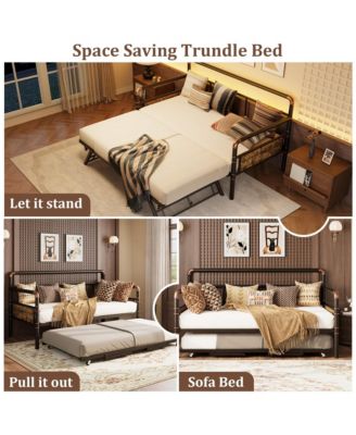 Twin Daybed with Pop Up Trundle Set, Metal Bed Frame with Steel Slats