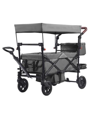 Wagon Stroller for 2 Kids, Push Pull Quad Collapsible Stroller with Adjustable Handle, Encircling Harness and Removable Canopy for Camping