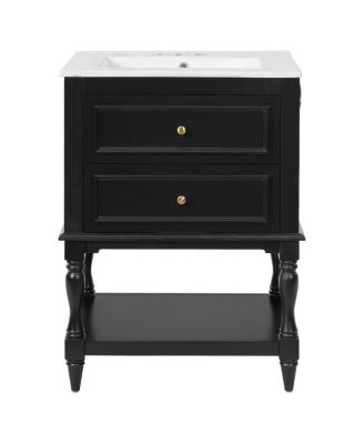 24.4" Retro Freestanding Bathroom Vanity with Sink, Bathroom Storage Cabinet with Open Shelf & Ample Storage Drawers