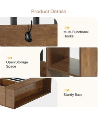 71" Wall Room Divider with Shelves & Coat Hooks, Wood Freestanding Room Divider Bookcase for Home & Office Decorative.