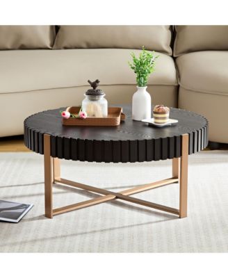 Modern Drum Coffee Table, 31.5'' Round Center Table with Fluted Edge and Sturdy Pedestal for Living Room, Office.