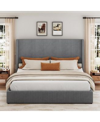 Queen Upholstered Platform Bed Storage Drawers Wingback Headboard Corduroy Fabric No Box Spring