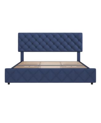 Bed Frame Adjustable Headboard 4 Storage Drawers Linen Upholstered Platform Diamond Tufted No Box Spring