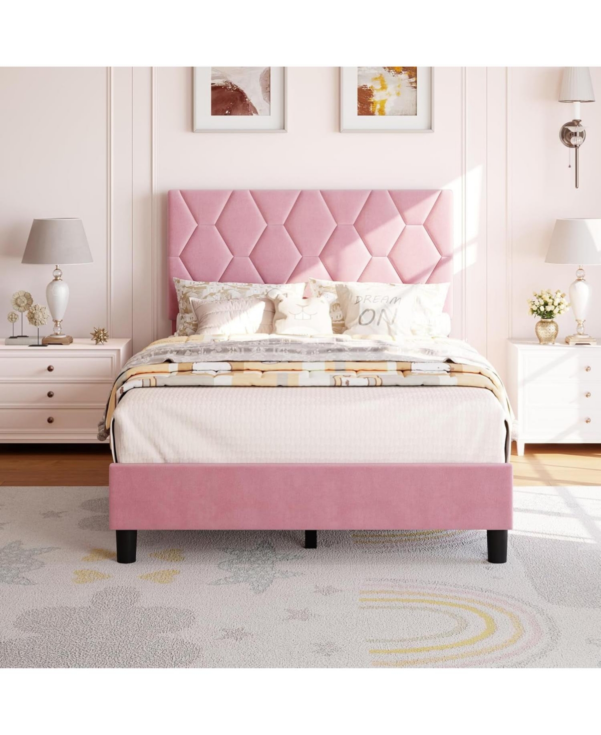 gaomon Platform Bed Heavy-Duty Upholstered Headboard Wooden Slats No Box Spring Easy Assembly Noise Free