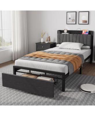 Loft Bed with Large Desk and 2-Tier Storage Shelves, Heavy Duty Metal Loft Bed with Ladder and Guardrail for Kids and Adults