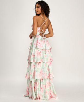 Juniors' Floral Strapless Pleated Square Neck Drop Waist Dress