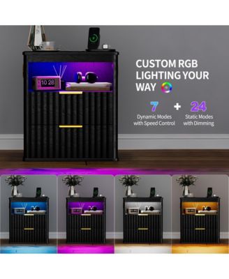 Vlrska 19.7-inch Wide Nightstand with Motion Sensor Function, LED Lights, and Wireless Charging Station