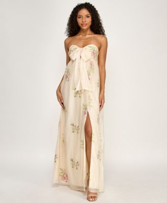 Juniors' Floral Embroidered Strapless Tie-Front Dress
