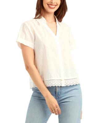 Women's Mini Floral Eyelet Collared Top