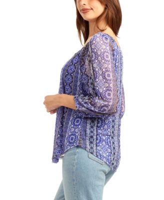 Women's Print Mesh Scoop Neck Peasant Top