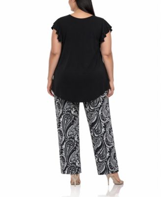 Plus Size Ruffle-Sleeve Top Printed Pant Set