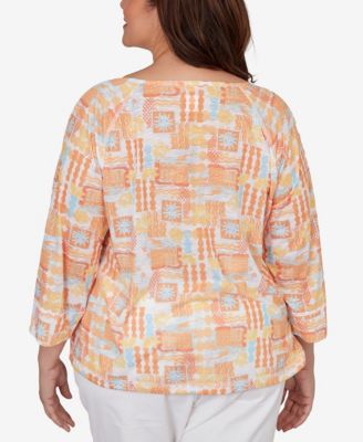 Plus Size Printed Slub Blouson Top with Three-Quarter-Sleeves
