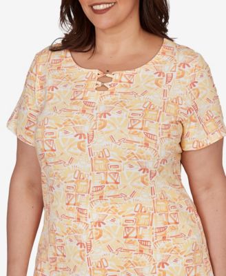 Plus Size Printed Stretch Jersey Short-Sleeve Bead Neck Top