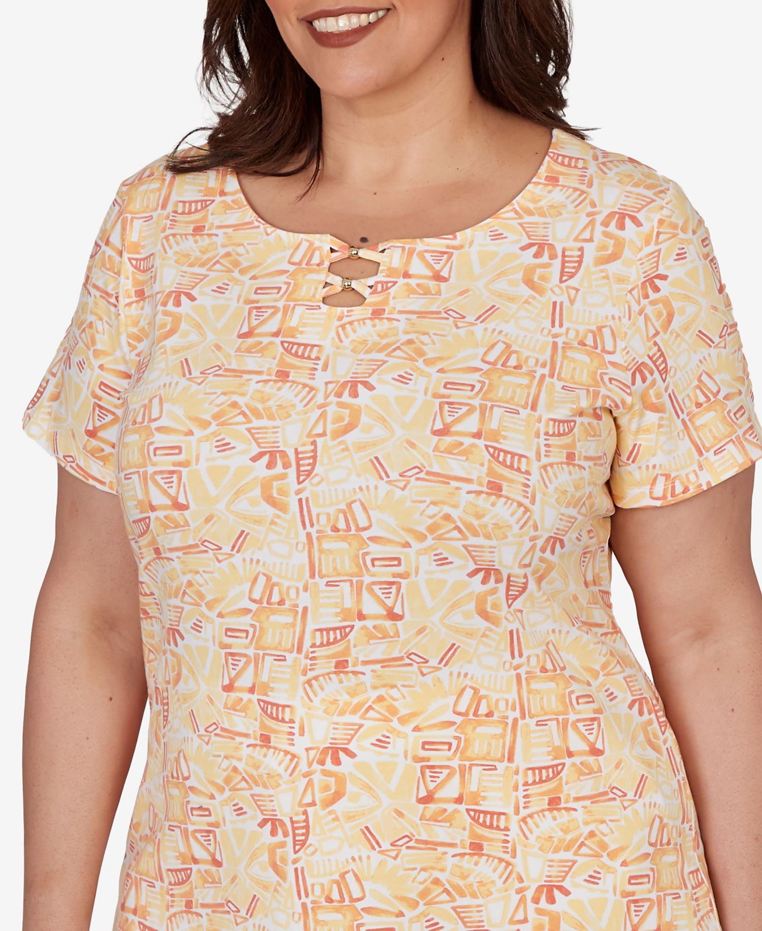Plus Size Printed Stretch Jersey Short-Sleeve Bead Neck Top