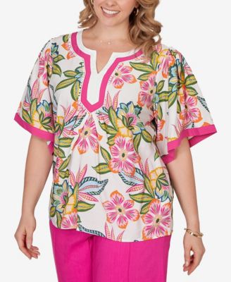 Plus Size Tropical Floral Trim Detail Top