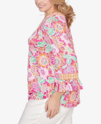 Plus Size Floral Puff Print Ruffle Sleeve Knit Top