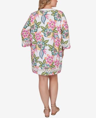 Plus Size Bold Tropical Solid Trim Shift Dress