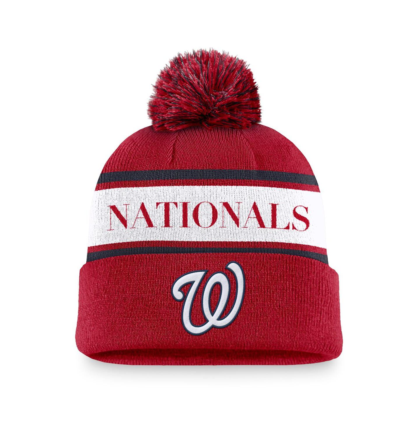 Мужская шапка Nike Red Washington Nationals Team Stripe Peak Cuffed Knit Hat with Pom — фото 1